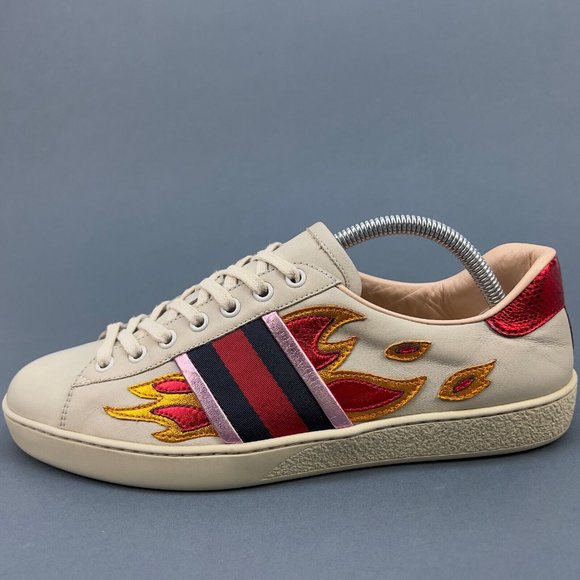 GUCCI Web Ace Fire sneaker beige leather phyton heel 7 G or 7.5 US 41 EUR 440724 - Picture 7 of 14